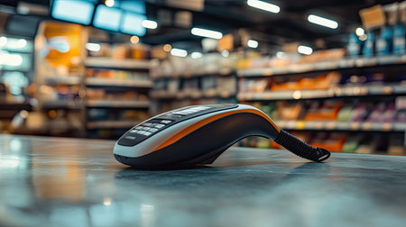 This image shows a barcode scanner placed on a counter in a retail store, showcasing modern technology used for efficient inventory management and checkout processes.の素材