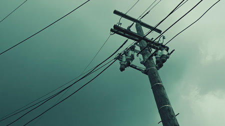A towering utility pole with power lines stretches toward a moody sky, creating a dramatic contrast with dark storm clouds overhead, symbolizing energy and infrastructure.の素材