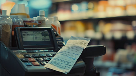 A detailed view of a checkout register with a receipt in a grocery store. The image captures the essence of shopping and retail transactions, showcasing modern payment technology and vibrant product displays.の素材