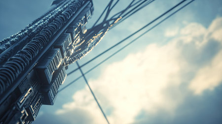 This image showcases a close-up view of a communication tower with antennas and cables against a backdrop of a cloudy sky, illustrating modern technology and infrastructure.の素材