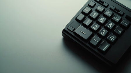 A close-up image of a black calculator's keypad set on a smooth grey surface. Perfect for themes related to finance, business, and technology.の素材