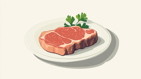 A vibrant illustration of a fresh raw steak placed on a white plate, garnished with green parsley. Ideal for culinary projects, recipes, and food presentations.の素材