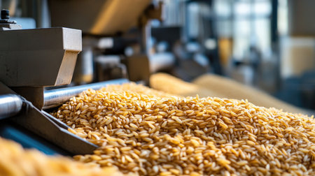 Close-up view of harvested grains in a processing facility showcasing the fresh, organic oats being prepared for distribution in a large-scale operation.の素材