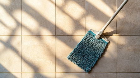 A vibrant cleaning mop rests on a light-tiled floor, catching soft sunlight and creating beautiful shadow patterns. Ideal for home maintenance themes.の素材