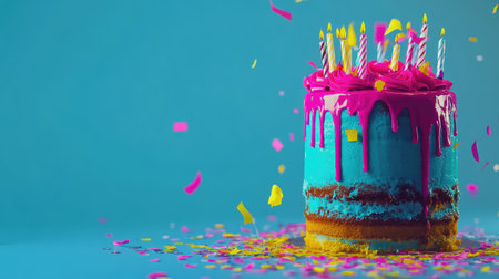 A vibrant and colorful birthday cake adorned with sprinkles and candles. Perfect for celebrations, this artistic dessert brings joy to any special occasion.の素材