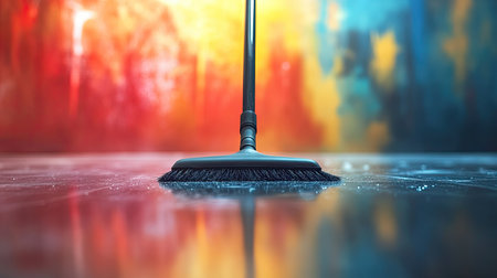 A cleaning broom rests on a smooth surface, reflecting a vibrant and colorful background. This image captures the essence of cleanliness and maintenance in a modern workspace.の素材