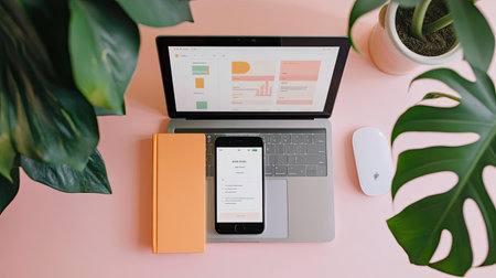 An organized modern workspace featuring a laptop, smartphone, notebook, and vibrant green plants. Ideal for projects, creative work, or productivity tasks.の素材