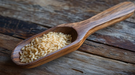 A rustic wooden scoop filled with white rice sits on a weathered wooden table, showcasing the natural beauty and simplicity of kitchen ingredients in a warm, inviting setting.の素材