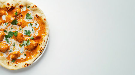 Top view of butter chicken with naan bread, clean white background, no people, copy spaceの素材