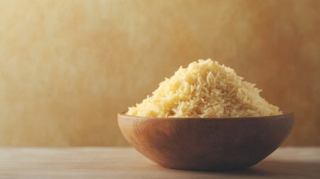 A closeup view of fresh white rice in a wooden bowl, displayed against a warm neutral background, perfect for visualizing cooking ingredients and healthy meals.の素材