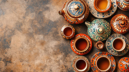 Top view of ceramic tea sets with Indian motifs, clean background, no people, copy spaceの素材
