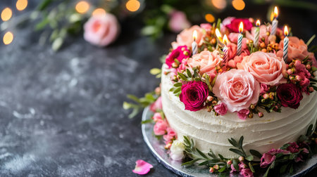 An elegant floral cake adorned with pink roses and candles captures the essence of celebration. This festive dessert adds charm and warmth to any occasion.の素材