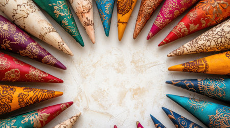 Top view of colorful henna cones arranged in a circle, clean background, copy spaceの素材