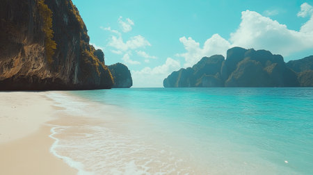 A breathtaking view of a tranquil tropical beach with crystal clear waters, soft sand, and majestic rocky cliffs. A perfect escape to nature.の素材