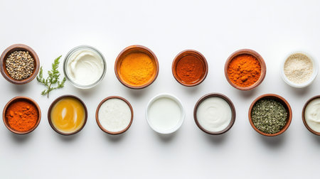 Top view of Indian skincare creams and lotions, clean white background, copy spaceの素材