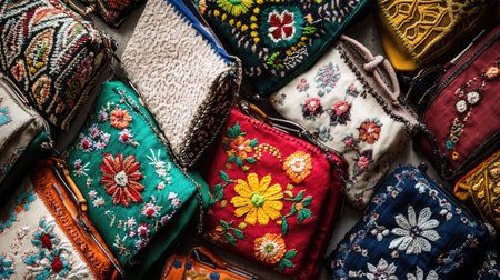Top view of traditional embroidered handbags, clean background, no people, copy spaceの素材