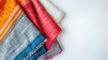 Top view of Indian handloom products like scarves, clean background, no people, copy spaceの素材