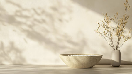 This minimalist still life features a bowl of rice and dried flowers, creating a serene atmosphere. The soft sunlight casts gentle shadows, enhancing the aesthetic beauty of the arrangement.の素材