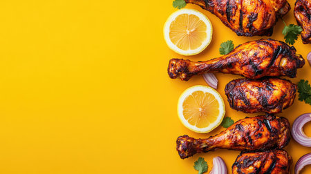 Top view of tandoori chicken with lemon slices and onions, clean background, no people, copy spaceの素材