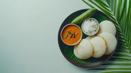 Top view of idli with coconut chutney and sambar, clean background, no people, copy spaceの素材
