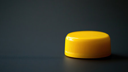 A vibrant yellow plastic cap sits on a dark background, offering a striking contrast. This image is perfect for various creative and design projects.の素材