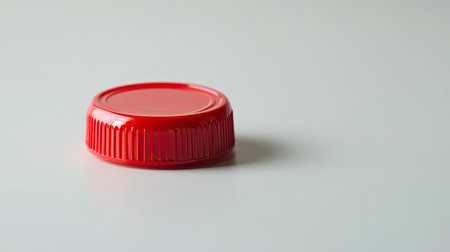 A vibrant red plastic bottle cap rests on a light background, showcasing its smooth texture and sleek design. Ideal for various packaging or product themes.の素材