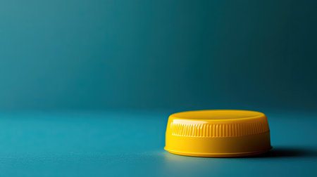 A bright yellow plastic cap rests on a smooth teal surface, creating a striking visual contrast. This minimalist composition highlights the object's shape and color.の素材