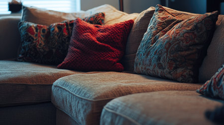 A cozy living room sofa adorned with colorful cushions creates an inviting atmosphere. The warm lighting enhances the texture, making it the perfect spot for relaxation and enjoyment.の素材