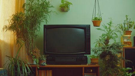 A vintage television stands as a centerpiece among lush indoor plants, creating a cozy and nostalgic living room atmosphere filled with greenery and calm.の素材