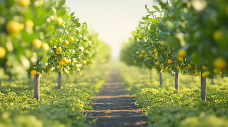 A picturesque lemon grove featuring vibrant yellow fruits hanging from trees, framed by lush greenery and a sunlit pathway, represents agricultural beauty and tranquility.の素材