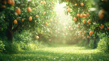 A serene orange grove bathed in sunlight, showcasing vibrant, fruit-laden trees. The lush greenery creates a tranquil pathway ideal for nature lovers and agricultural themes.の素材