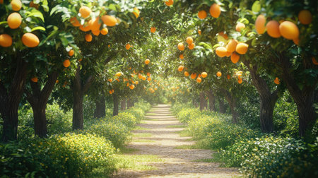 A beautiful pathway meanders through a vibrant orange orchard, with lush trees laden with ripe oranges. Sunlight filters through the foliage, creating a tranquil atmosphere.の素材