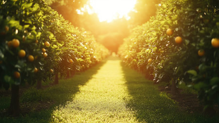 A serene pathway through a sunlit orange grove showcases vibrant trees and lush greenery. Perfect for illustrating nature, agriculture, and tranquility.の素材