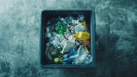 This image features an overhead view of a recycling bin filled with various waste items. It highlights the importance of waste management and recycling in tackling pollution.の素材