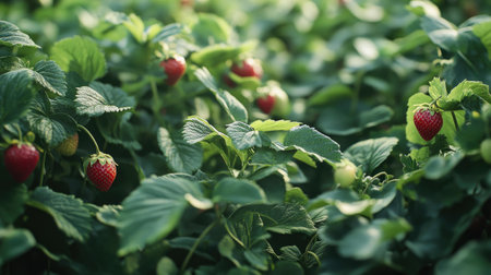 A vibrant scene showcasing fresh strawberries amidst lush green foliage. The image captures the essence of summer harvest and natural growth in a serene garden environment.の素材
