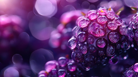 This close-up image showcases fresh blackberries with glistening water droplets, set against a colorful and vibrant background. Perfect for food-related themes.の素材