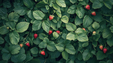 A vibrant view of lush green strawberry plants bearing ripe red fruits nestled among healthy leaves, showcasing the essence of organic gardening and fresh produce.の素材