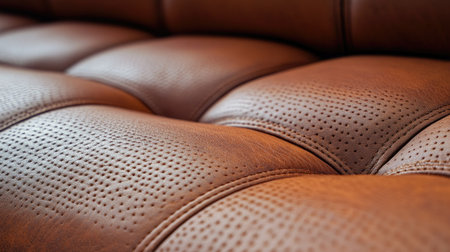 A detailed close-up shot of luxurious brown leather upholstery on a sofa. The image captures the rich texture and craft, perfect for interior design inspiration.の素材