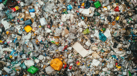 This aerial image captures a diverse array of litter and refuse in an urban landscape, highlighting the pressing issue of waste management and environmental pollution.の素材