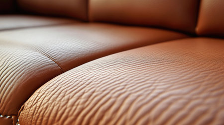 This image showcases a close-up view of a luxurious brown leather sofa, emphasizing the texture and design details. Perfect for home decor projects.の素材