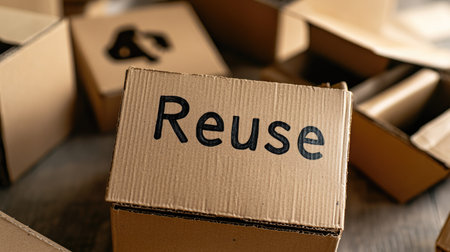 This image features a close-up of a cardboard box marked with the word "Reuse," highlighting the importance of sustainable practices in packaging and waste reduction.の素材