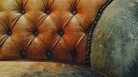 Detailed closeup of a vintage upholstered couch showcasing elegant button tufting and rich textures. Ideal for interior and furniture design inspiration.の素材