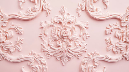 A stunning close-up of an intricate pink plaster design featuring floral motifs. This ornate texture adds elegance and sophistication to any interior space.の素材
