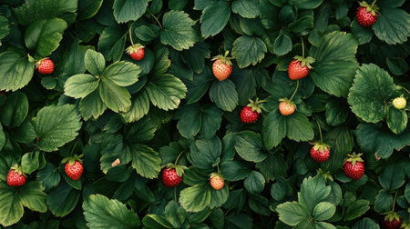 A beautiful overhead view of ripe strawberries nestled among lush green leaves, showcasing the vibrancy of nature's bounty in a garden setting. Perfect for food and gardening themes.の素材