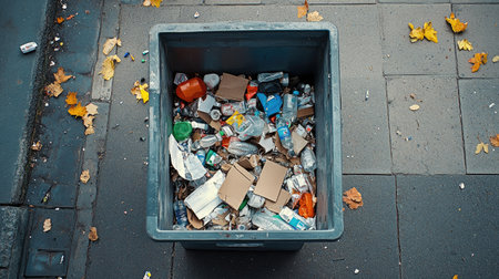 This image depicts an overflowing trash bin filled with assorted waste materials on an urban street, emphasizing pollution and the need for cleanliness.の素材