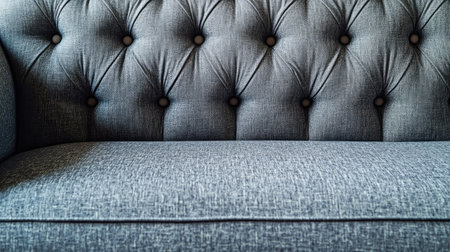 A close-up view of an elegant tufted blue fabric upholstery on a stylish couch, showcasing intricate detailing and soft texture perfect for cozy living spaces.の素材