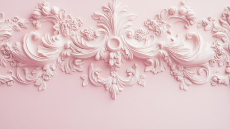 This image features an intricate vintage wall relief in soft pink, showcasing elegant floral patterns and detailed craftsmanship, perfect for enhancing interior aesthetics.の素材