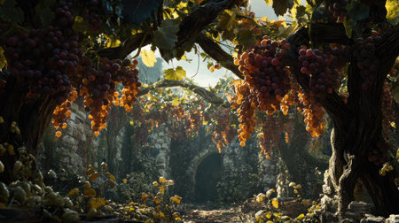 A captivating vineyard scene featuring lush grapevines intertwined with sun-drenched foliage. The atmosphere evokes tranquility and the beauty of nature.の素材