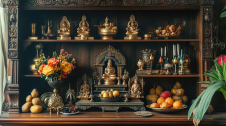 A beautifully arranged display of decorative statues, fresh fruits, and vibrant flowers set on a wooden altar, showcasing tranquility and spiritual elegance.の素材