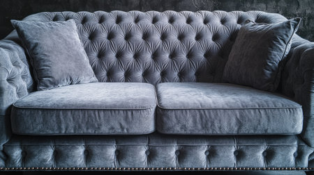 This elegant grey velvet couch features exquisite button tufting and soft cushions, perfect for adding a touch of luxury to any living space.の素材